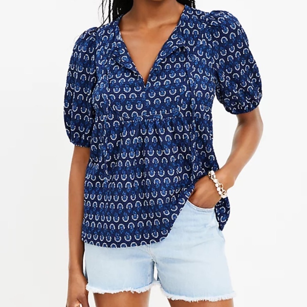 Loft Floral Puff Sleeve Tie Neck Top Nvy/White M